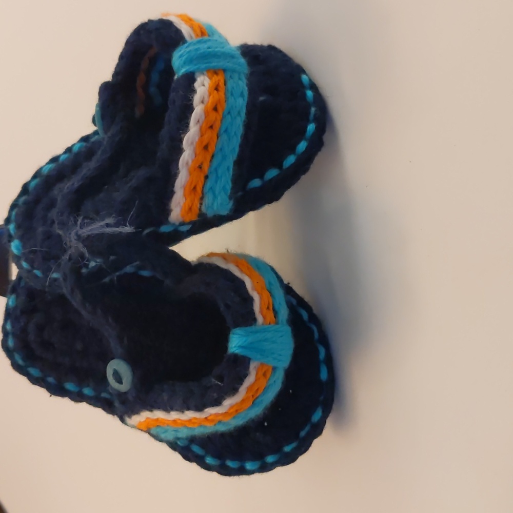 Handmade Crochet Baby Boy First Flip Flop Sandals Blue Orange New